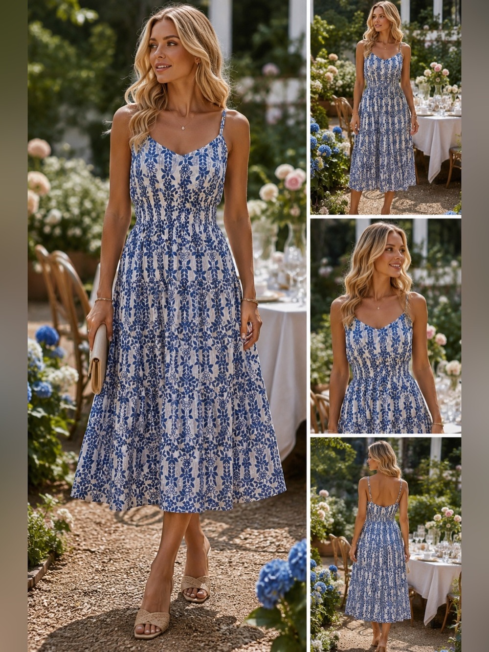 Skies Are Blue XL Blue White Floral Midi Dress Smocked Boho Cottagecore NWT - Picture 1 of 10